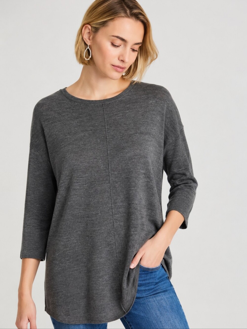 J Jill 100% Merino Wool Washable Tunic 3/4 Sleeve Oversized Natural Minimalist